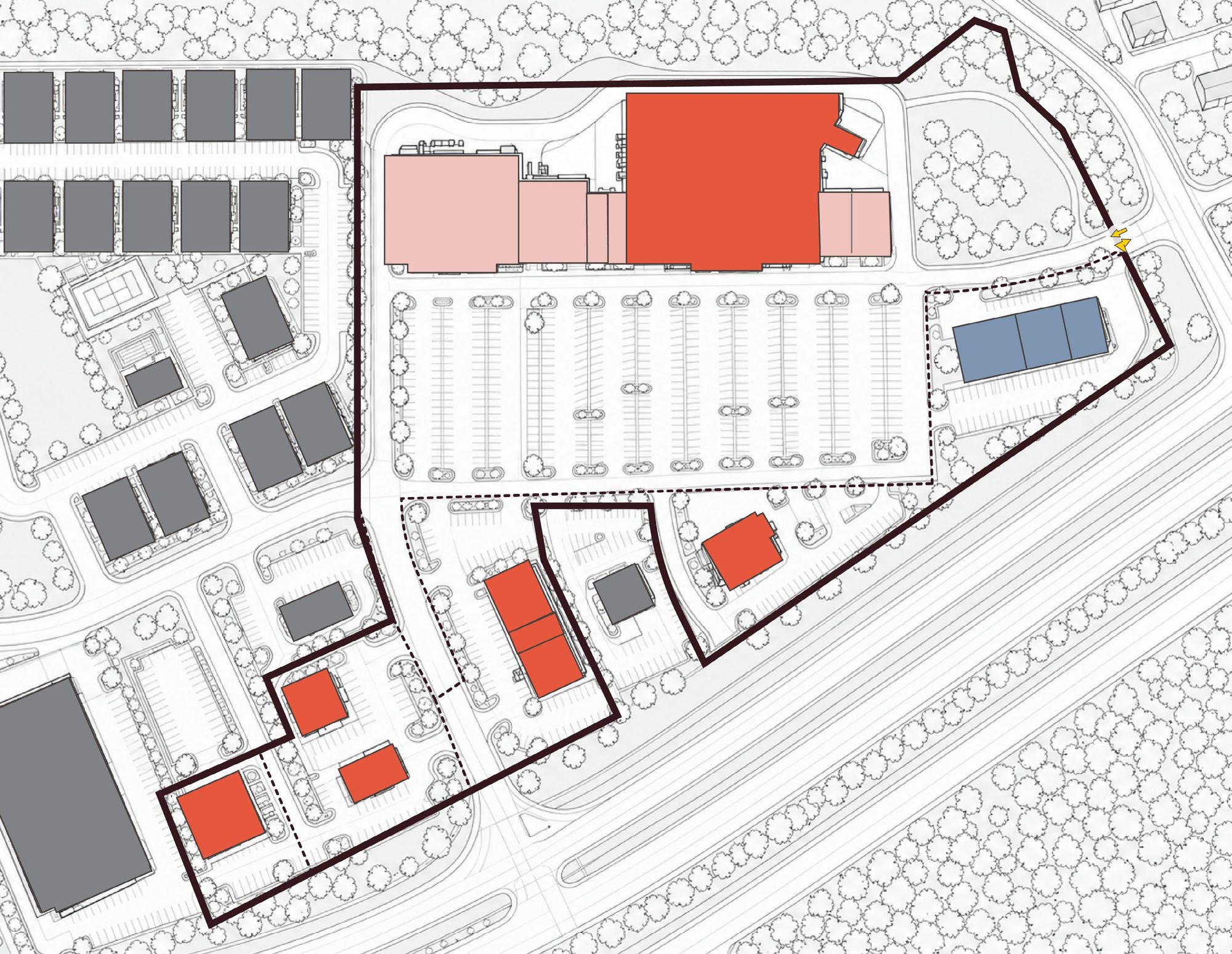 Northwest-facing aerial view of Gravois Dillon Plaza and its outparcels