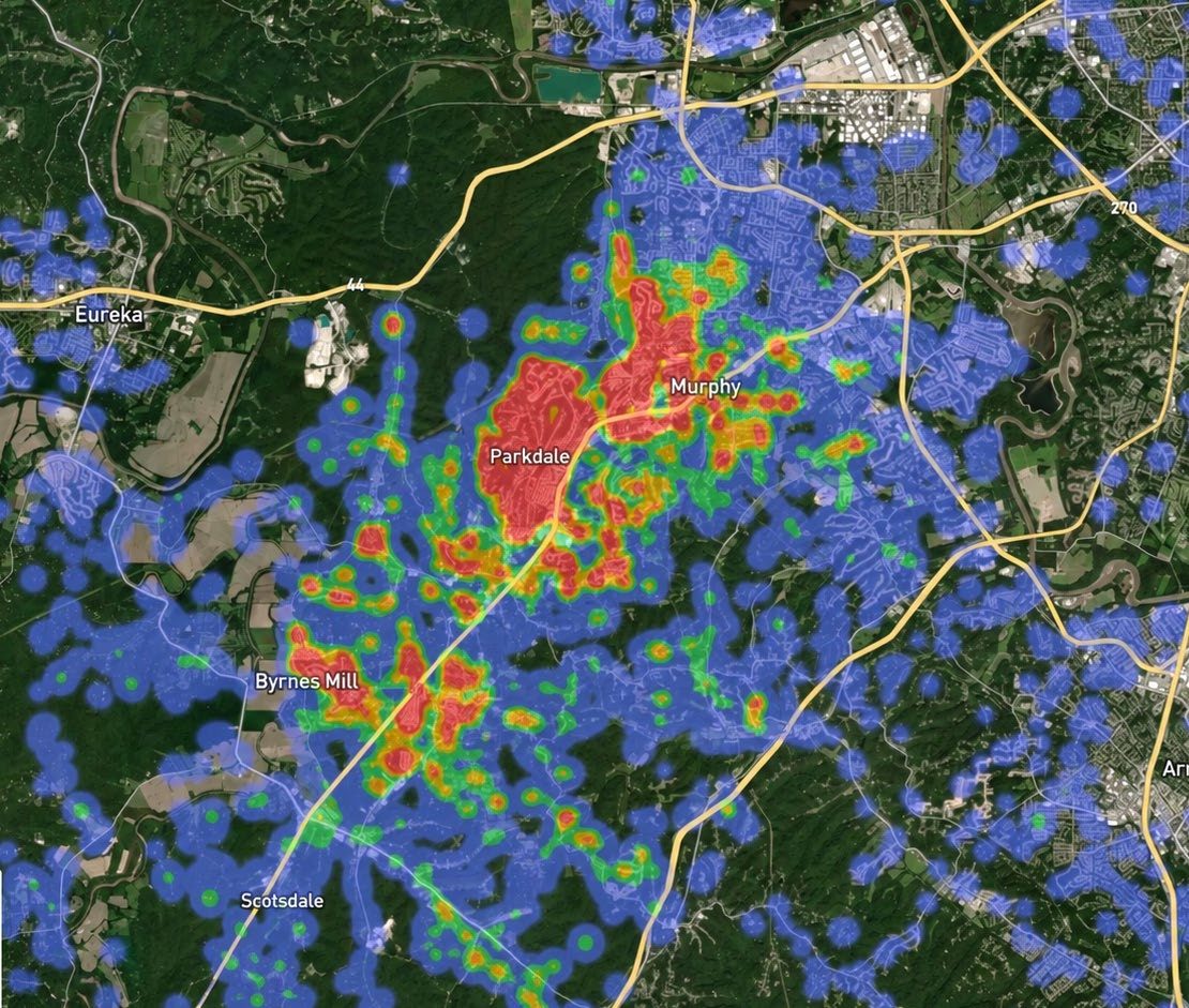 Customer visitation heat map of the trade area surrounding Gravois Dillon Plaza