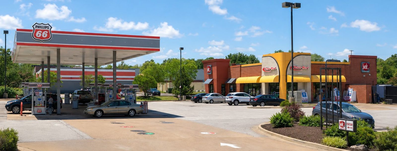 Phillips 66 fuel outparcel and adjacent retail at Gravois Dillon Plaza