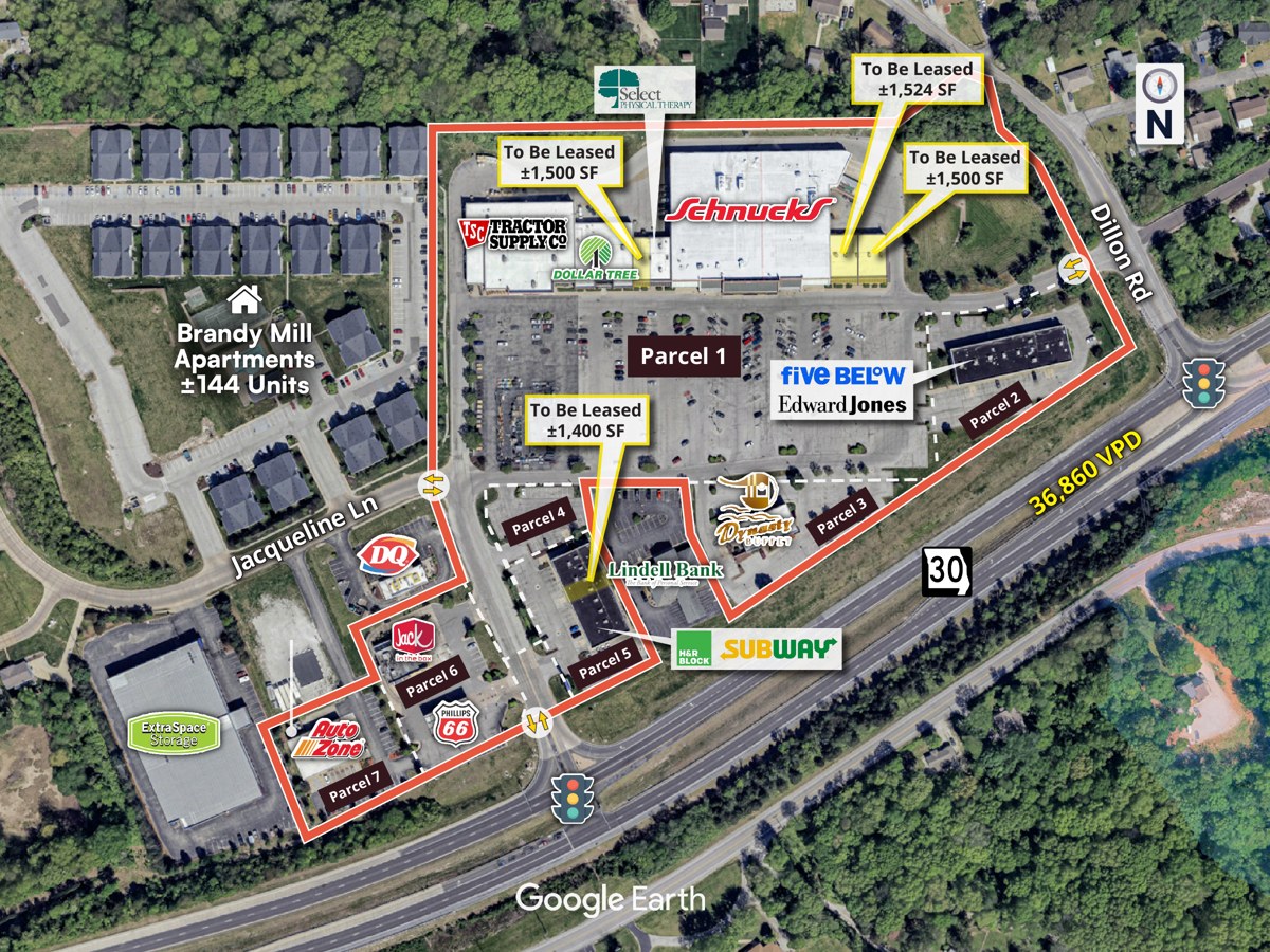 Labeled aerial of Gravois Dillon Plaza showing tenant footprints, parcels, Missouri Route 30 frontage and 36,860 VPD