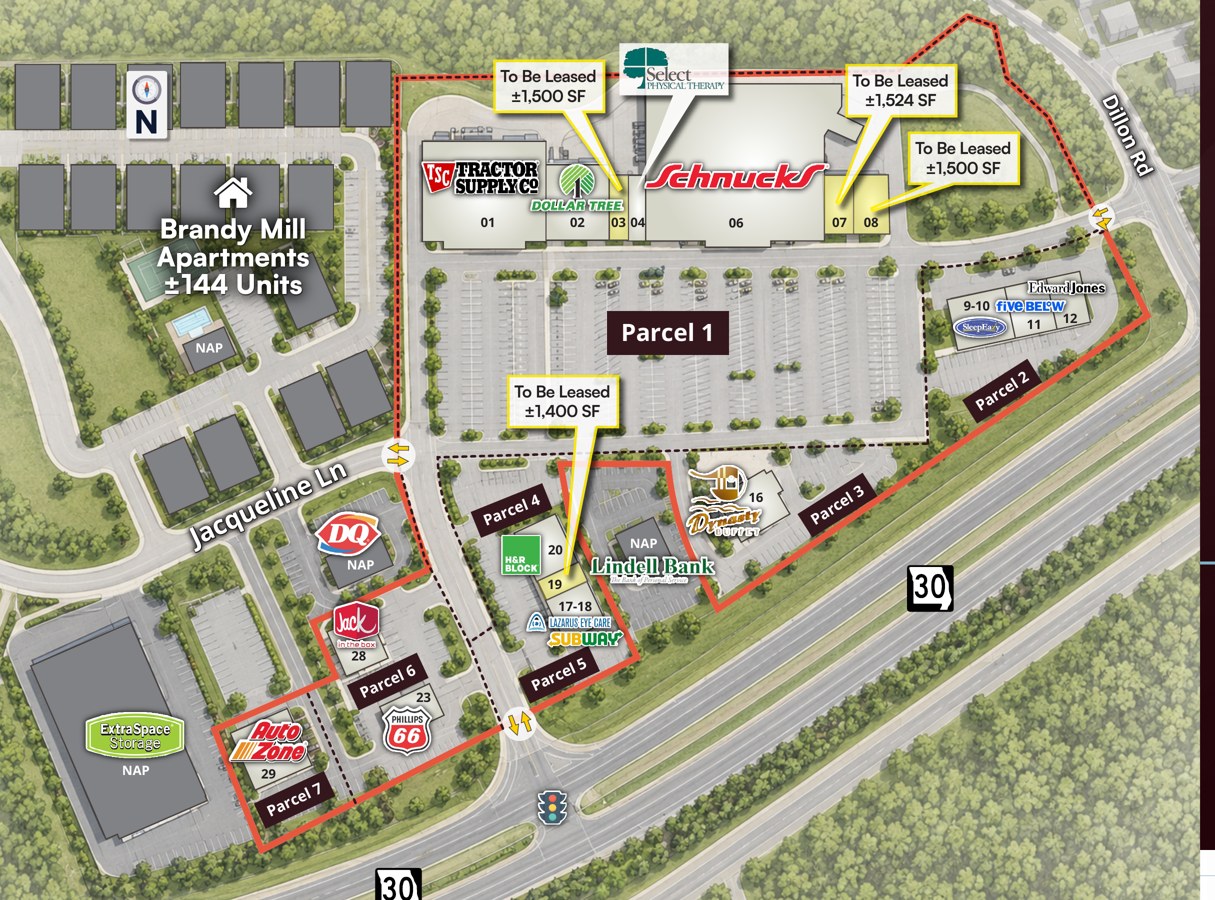 Site plan of Gravois Dillon Plaza showing tenant footprints, parcels, access points and Missouri Route 30 frontage