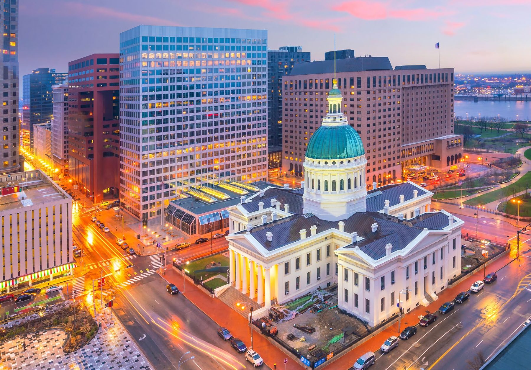 Downtown St. Louis at dusk with the Old Courthouse dome